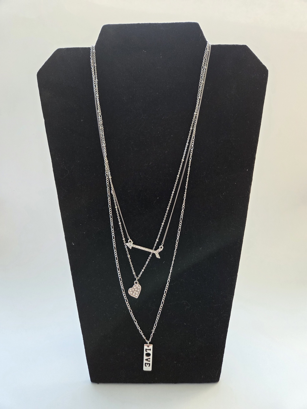 Layered Silver-Tone 'Love' Pendant Necklace with Heart And Arrow Charms
